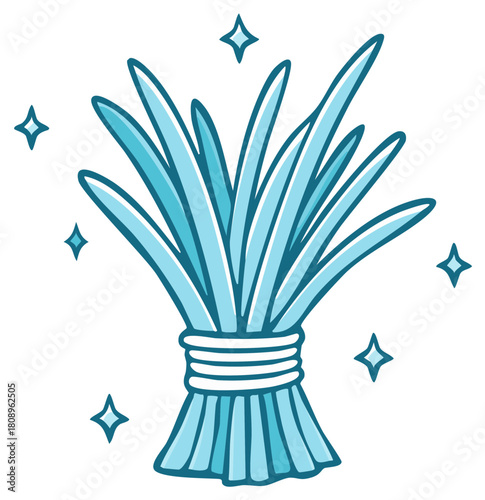 Bunch of sparkling blue grass blades tied with white string and shining stars