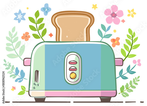 Cheerful pastel toaster with toast and vibrant spring flowers, leaves illustration
