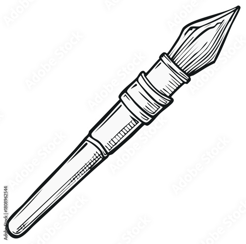 Artistic drawing of a calligraphy pen nib with visible bristles and a segmented barrel