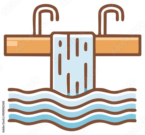 Stylized icon of a dam spillway with flowing water and waves below