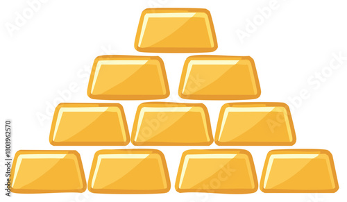Pyramid stack of shiny gold bars or ingots representing wealth and success