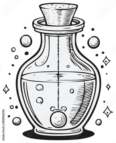 Vintage style potion bottle drawing with clear liquid and cork stopper, vector illustration