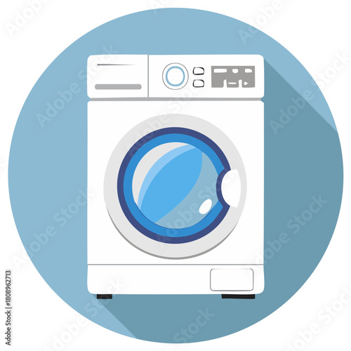 Modern white front load washing machine with blue accents and digital display