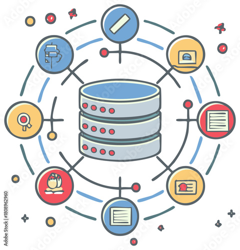 Data management concept with a centralized database hub and connected icons illustration