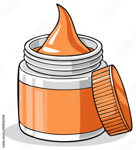 Jar with orange cream or ointment with lid slightly ajar, smooth texture, graphic illustration