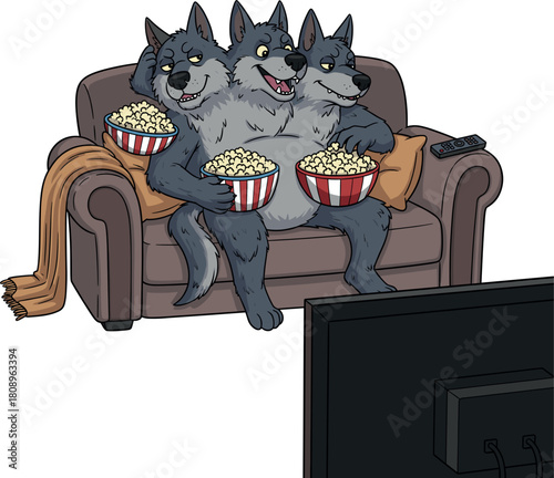 Three wolves sitting on a couch watching television and eating popcorn
