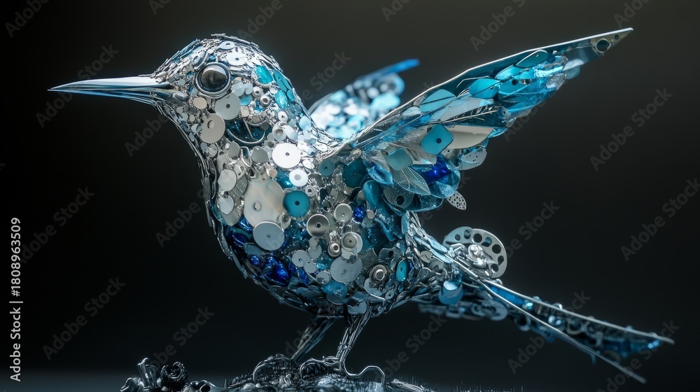 Obraz premium A dazzling metallic hummingbird shines with blue sequins, revealing intricate artistry and creativity