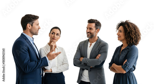 Diverse Business Team Collaborating and Discussing Strategy Isolated on White Background
