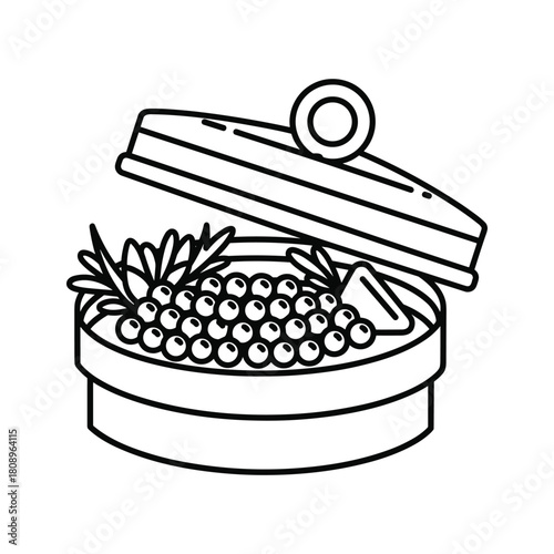 Line art illustration of an open caviar tin with garnish, luxury food item, isolated on