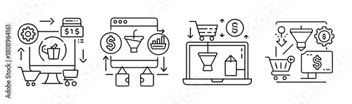 Digital marketing, e-commerce sales funnel, business process icons