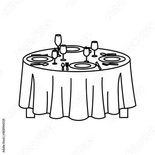 Line art illustration of a round dining table set with plates, cutlery, and glasses, isolated