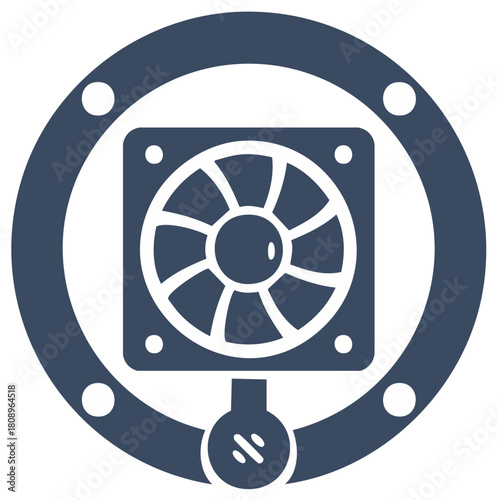 Computer fan cooler icon, square shape with blades and circle, flat design