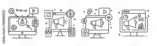 Digital marketing and online advertising strategy flat line icon set