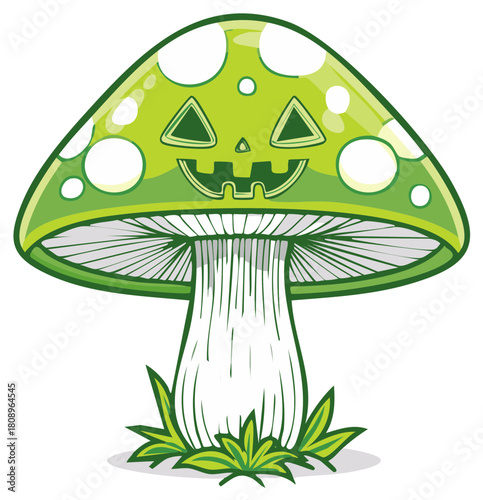 Whimsical Green Mushroom with Jack-o'-Lantern Face and Spotted Cap