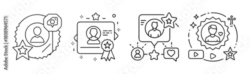 User profiles, reviews, social media, and loyalty line icons