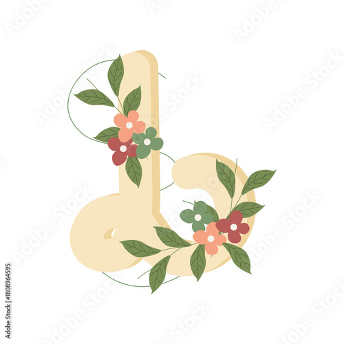 Illustration of the letter L in flat style, decorated with colorful flowers and green leaves, creating a delicate and botanical look. Ideal for monograms, invitations, and personalized stationery.