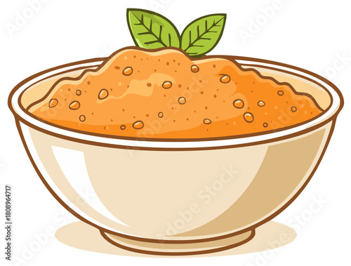 Illustrated bowl of warm orange soup or puree with fresh herb garnish