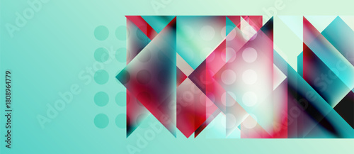 Abstract geometric composition. Shapes overlap, creating vibrant color gradients. Light turquoise background complements red, white elements.