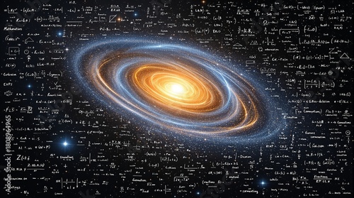 Theory of everything and quantum physics concept showing scientific equations written over a glowing spiral galaxy in deep space
