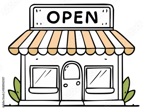 Small business shop building exterior with open sign and striped awning doodle style