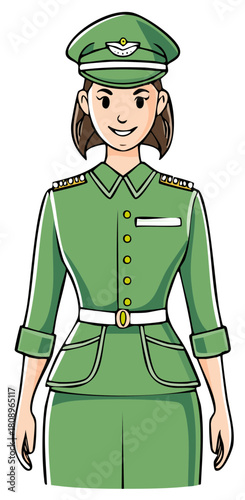 Smiling woman in vintage military green uniform cartoon illustration art