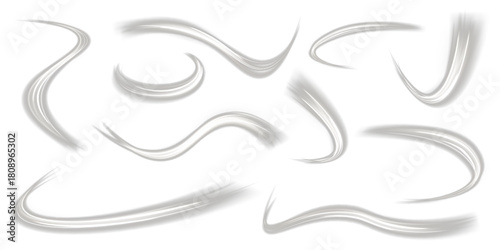 Flowing light wave stretches into a bright line in a smooth png glow. slowly while sparks twirl near the edges. Soft swirl drifts outward in harmony. White Magic spirals. Vector illustration.
