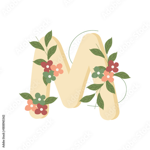 Illustration of the letter M in flat style, decorated with colorful flowers and green leaves, creating a delicate and botanical look. Ideal for monograms, invitations, and personalized stationery.

