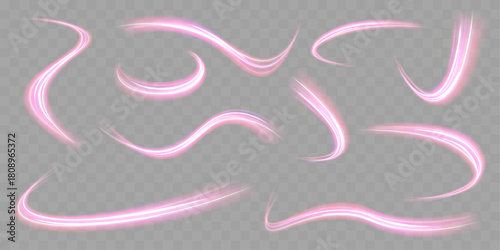 Neon light line effect with glow and speed. Abstract violet wave with magical swirl, trail and sparkle. Vector png swirl trail effect. 