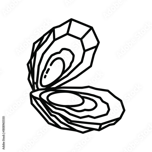 Stylized oyster shell line art icon, representing seafood, ocean, marine life, and gourmet dining