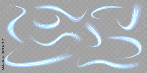 A blue light wave flows as a thin line in a soft png haze and begins to twist gently. Tiny sparks twirl along the curves as calm swirl spreads outward. The glow remains deep blue. Vector illustration.