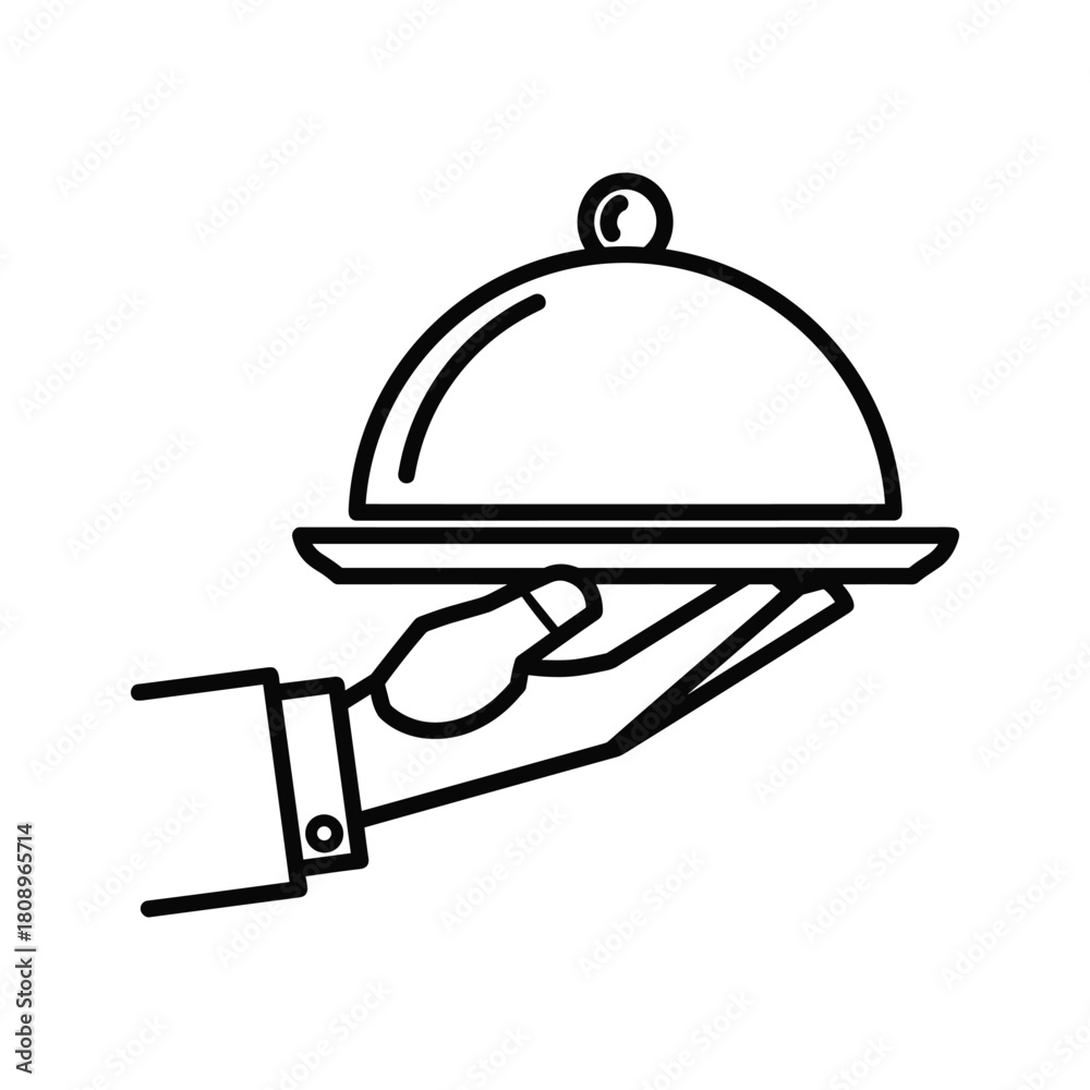 Fototapeta premium Professional waiter hand holding a silver serving tray with a cloche, ready to present food