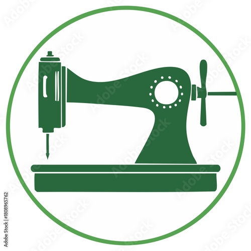 Classic Sewing Machine Green Silhouette in Circle Vintage Tailoring Equipment Apparel Creation Needlework Symbol Craft Design