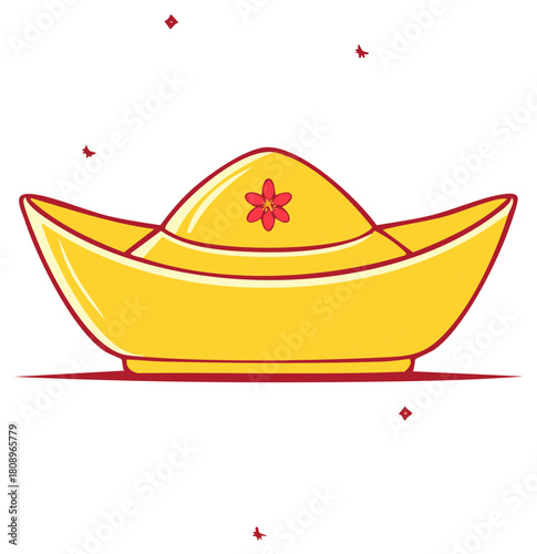 Golden ingot with red flower and auspicious symbols, traditional Asian wealth symbol illustration