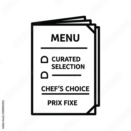 Restaurant menu with options like curated selection, chefs choice, and prix fixe, isolated on