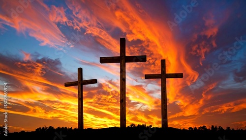 Three crosses silhouette against vibrant sunset sky, faith and hope illustration