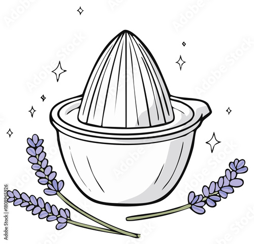 Manual citrus juicer with fresh lavender sprigs for a natural drink recipe illustration