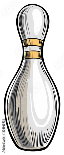 Stylized Illustration of a Bowling Pin with Gold Bands and Black Outline