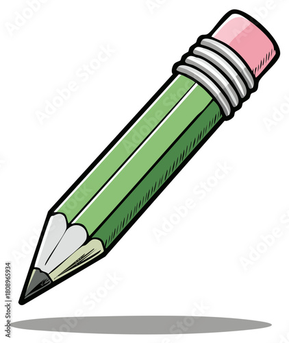 Illustration of a green pencil with a pink eraser for drawing and writing in classrooms and offices