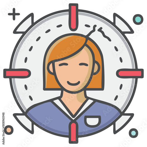 Customer targeting icon of a woman in crosshairs for audience segmentation and marketing focus