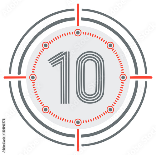 Countdown target graphic with number ten in center and red crosshairs overlay