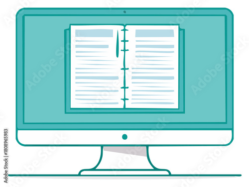 Open book on computer screen illustration for e learning and digital library concept