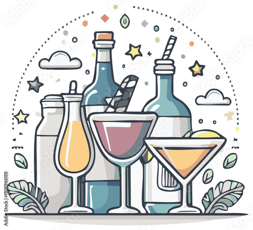 Colorful Festive Drinks and Bottles with Decorative Elements