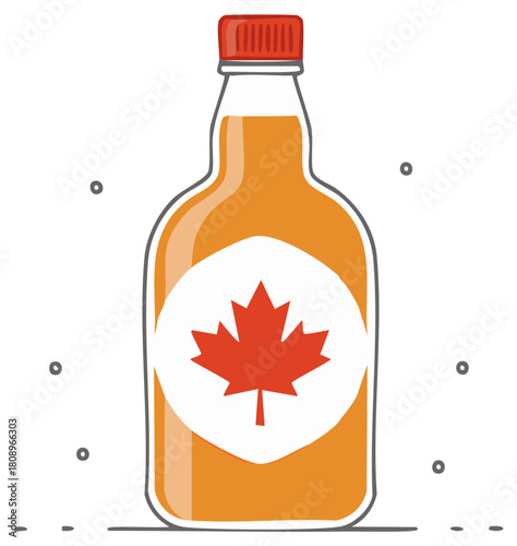 Bottle of amber maple syrup with a red Canadian maple leaf logo and red cap