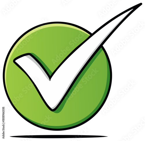 Green checkmark in a circle. Illustration of the approval icon.