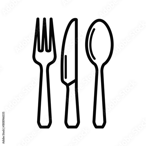 Outline icon of cutlery set including a fork, knife, and spoon, isolated on