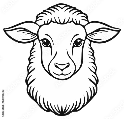 Line art illustration of a cute lamb's head, isolated in black and white