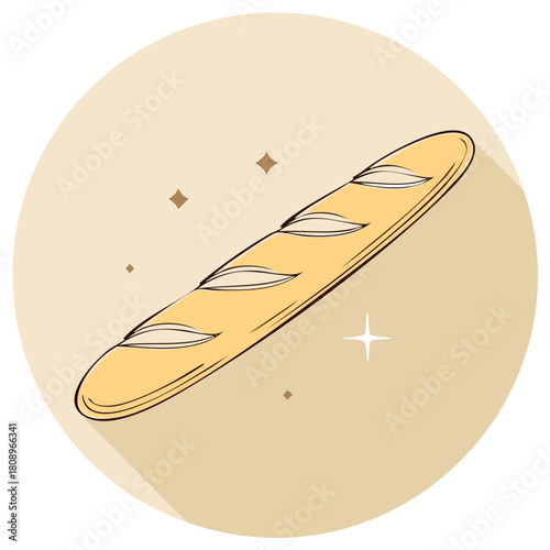 French Baguette Illustration: Delicious golden bread for baking and pastry shops, cartoon graphic for bakery menus and culinary design with stars
