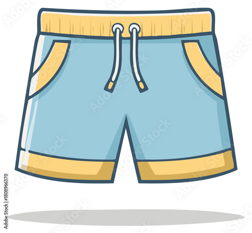 Cartoon style light blue shorts with yellow trim and drawstring ideal for vacation or casual use