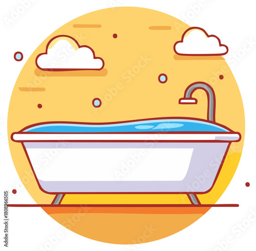 Relaxing white bathtub with clean blue water and a modern faucet in a warm stylized environment illustration