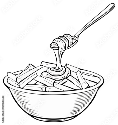 Drawing of french fries in a bowl with sauce being poured from a spoon